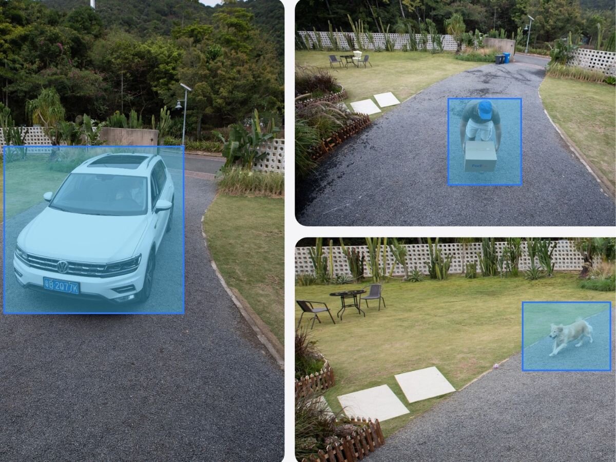 Kamera REOLINK Trackmix Series G770 Zewnętrzna, 4G LTE, P2P, Kamera obrotowa, podjerzane, analiza, ibraz, zagrożenia, 3 zdjęcia w 1 pokazujące wykrycie przez kamerę ruch i obiekty przed domem