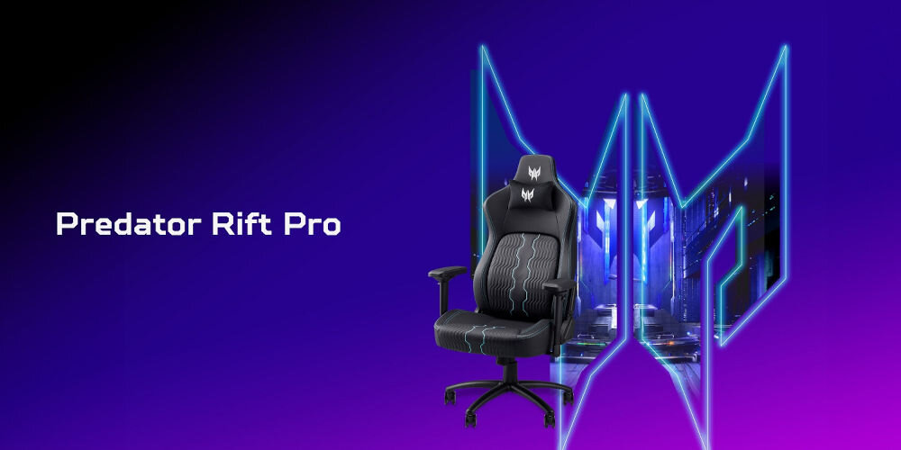 Fotel ACER Predator Rift Pro prezentacja fotela od przodu z napisem modelu na granatowo-fioletowym gradientem w tle