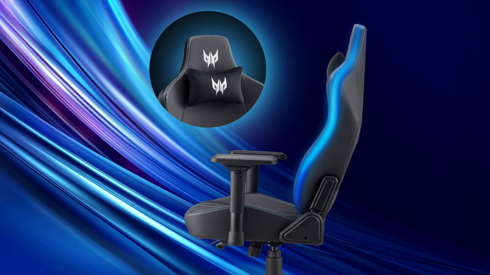 Fotel ACER Predator Rift Pro prezentacja fotela od boku na niebiesko-fioletowym tle zbliżenie na poduszkę wypełnienie z miękkiej pianki poduszki pokryte skórą PU magnetyczna poduszka redukcja napięcia ograniczenie uczucia zmęczenia