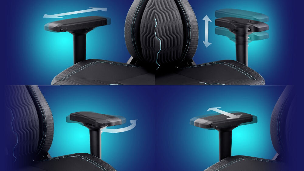 Fotel ACER Predator Rift Pro prezentacja możliwej regulacji podłokietników na niebieskim tle szerokie możliwości ustawienia pozycji siedzącej podłokietniki 4D płynna zmiana kąta nachylenia oparcia podnośnik gazowy klasy 4