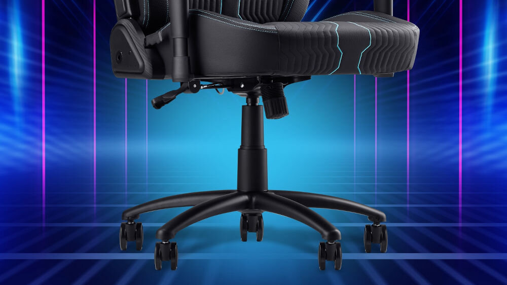 Fotel ACER Predator Rift Pro zbliżenie na koła podnośnik i siedzisko na niebieskim tle z różowymi paskami stalowa rama metalowa podstawa udźwig system blokady przechyłu stabilne oparcie wsparcie codziennej wygody