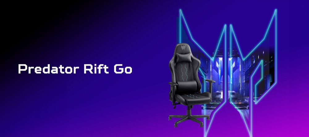 Fotel ACER Predator Rift Go prezentacja fotela od przodu z napisem modelu na granatowo-fioletowym gradientem w tle