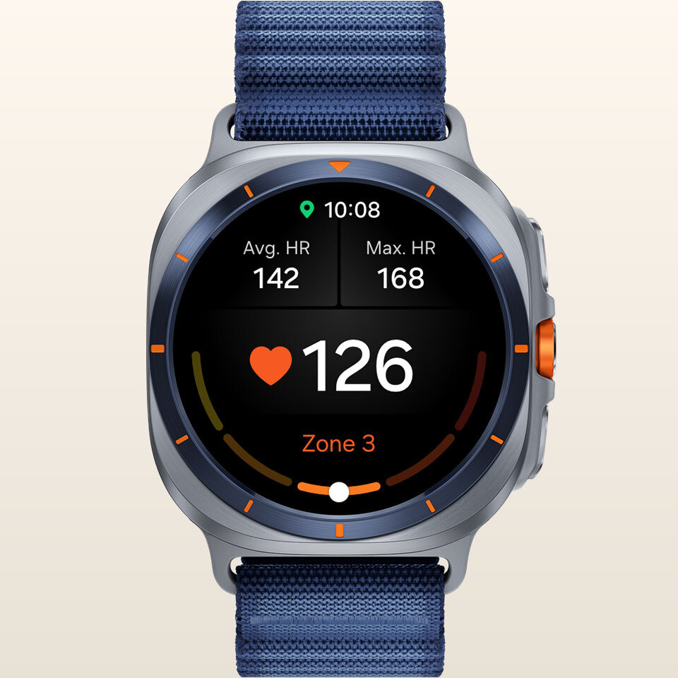 Galaxy Watch Ultra wyświetla ekran spersonalizowanej strefy tętna, pokazujący średnie tętno, maksymalne tętno, aktualne tętno i aktualną strefę tętna. Galaxy Watch Ultra wyświetla ekran spersonalizowanej strefy tętna, pokazujący średnie tętno, maksymalne tętno, aktualne tętno i aktualną strefę tętna.