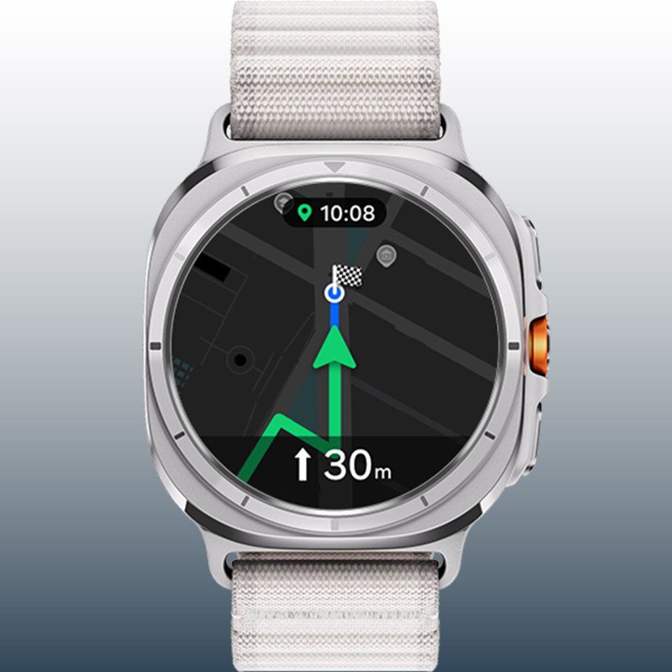 Galaxy Watch Ultra wyświetlający nawigację na mapie ze strzałką wskazującą kierunek i wskazówki dotyczące skrętu. Galaxy Watch Ultra wyświetlający nawigację na mapie ze strzałką wskazującą kierunek i wskazówki dotyczące skrętu.