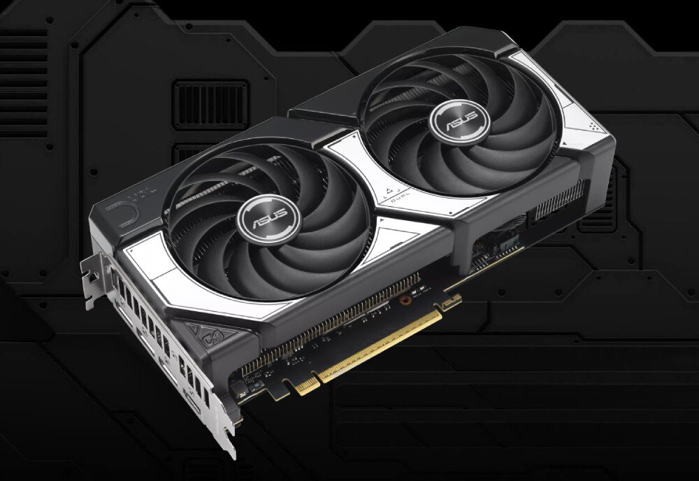 Karta graficzna ASUS GeForce RTX 5070 Dual OC Edition 12GB Karta graficzna z dwoma wentylatorami w czarno-srebrnej obudowie widoczna pod kątem