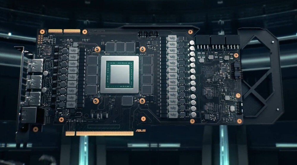 Karta graficzna ASUS GeForce RTX 5070 Dual OC Edition 12GB Widok całej płytki drukowanej karty graficznej z centralnym układem i sekcją zasilania bez układu chłodzenia