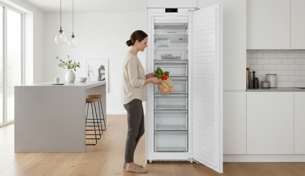 Osoba stoi przed otwartą zamrażarką z kilkoma półkami i trzyma w rękach torbę z warzywami. W tle widoczna jest nowoczesna kuchnia z wyspą i wiszącymi lampami.