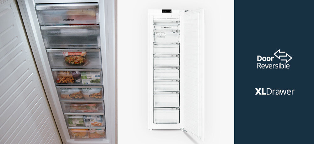 Obraz przedstawia zamrażarkę z kilkoma przezroczystymi szufladami, w których znajdują się różne produkty spożywcze. Obok zamrażarki widnieje napis \'Door Reversible\' oraz \'XLDrawer\'.