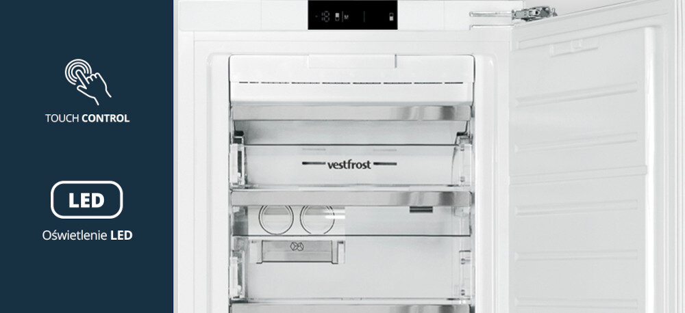 Otwarta zamrażarka z widocznym logo \'vestfrost\' na wewnętrznej półce. Po lewej stronie grafika z napisem \'TOUCH CONTROL\' i \'LED Oświetlenie LED\'.