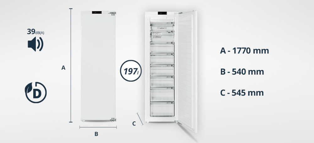 Obraz przedstawia zamrażarkę z otwartymi drzwiami, ukazującą kilka przezroczystych szuflad. Obok zamrażarki znajdują się wymiary: A - 1770 mm, B - 540 mm, C - 545 mm, poziom hałasu 39 dB(A), klasa energetyczna D oraz pojemność 197 litrów.