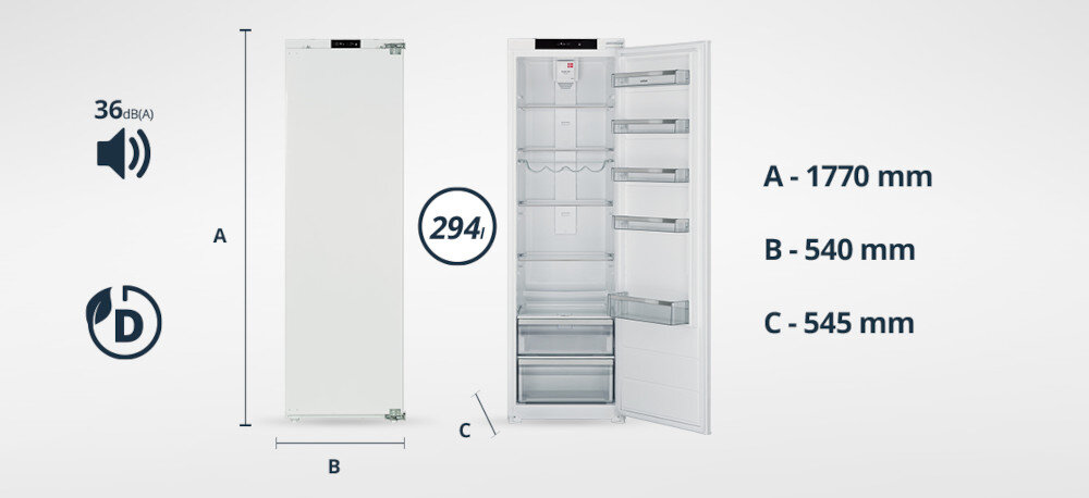 LODÓWKA VESTFROST VR-BF27953H0S Na grafice przedstawiono lodówkę do zabudowy Vestfrost w widoku zamkniętym oraz otwartym, z wyraźnie pokazanym układem półek, balkoników i dolnych szuflad. Po prawej stronie podano wymiary urządzenia: wysokość A – 1770 mm, szerokość B – 540 mm oraz głębokość C – 545 mm, a z lewej strony umieszczono ikonę głośnika z poziomem hałasu 36 dB(A) oraz symbol klasy energetycznej D pojemność 294 l lodówka do zabudowy klasa energetyczna D wymiary 177 cm 54 cm klasa klimatyczna ST SN