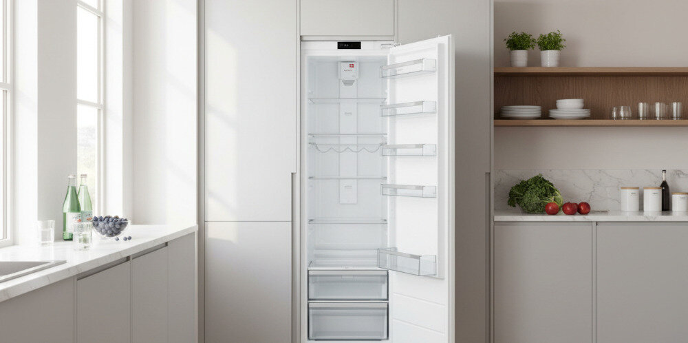 LODÓWKA VESTFROST VR-BF27953H0S Na zdjęciu przedstawiono jasną, minimalistyczną kuchnię, w której centralnie w zabudowie meblowej umieszczona jest wysoka lodówka z otwartymi drzwiami. Wnętrze chłodziarki jest puste, dobrze oświetlone i wyposażone w liczne półki oraz szuflady, a po bokach blatu widać butelki wody, owoce i warzywa jako dekoracje chłodziarka do zabudowy lodówka energooszczędna design kuchnia komfort użytkowania