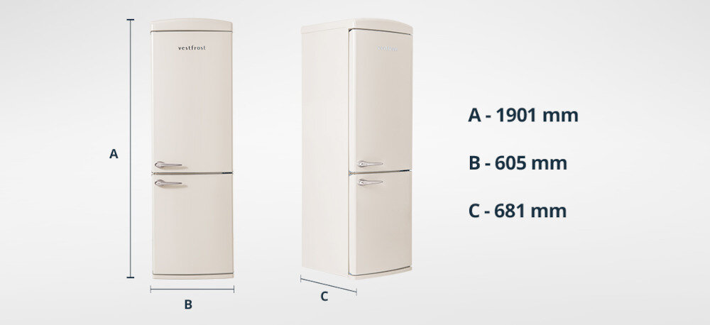 Lodówka VESTFROST VR-FB373-2E2BG lifestyle wizualizacja widok front bok wymiary wysokość głębokość szerokość Dopasowana do Twojej kuchni dużo miejsca kompaktowe wymiary