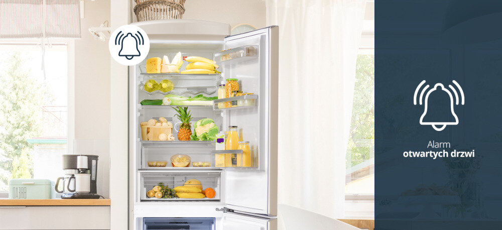Lodówka VESTFROST VR-FB373-2E2BG lifestyle wizualizacja lodówka otwarta wnętrze szuflada półki Pełna kontrola i bezpieczeństwo komfort spokój alarm dźwiękowy