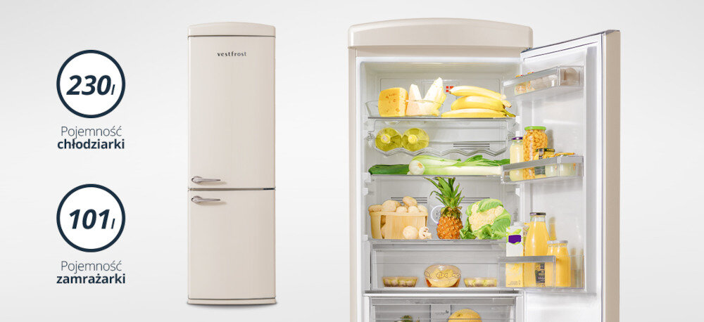 Lodówka VESTFROST VR-FB373-2E2BG lifestyle wizualizacja ikony pojemność chłodziarka zamrażarka otwarta wnętrze Duża pojemność 331 litrów wygodna organizacja