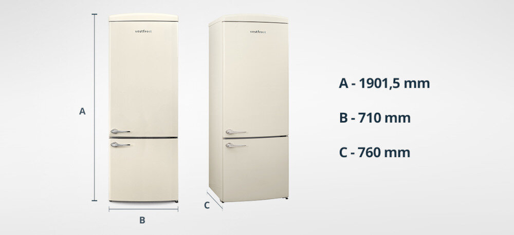 Lodówka VESTFROST VR-FB482-2ERBG No Frost 190.1cm Beżowy Na zdjęciu pokazano lodówkę Vestfrost oraz jej wymiary: wysokość 1901,5 mm, szerokość 710 mm, głębokość 760 mm wymiary wysokość 190 cm szerokość 70 cm głębokość 76 cm kuchnia nowoczesna stylowa konstrukcja elegancja