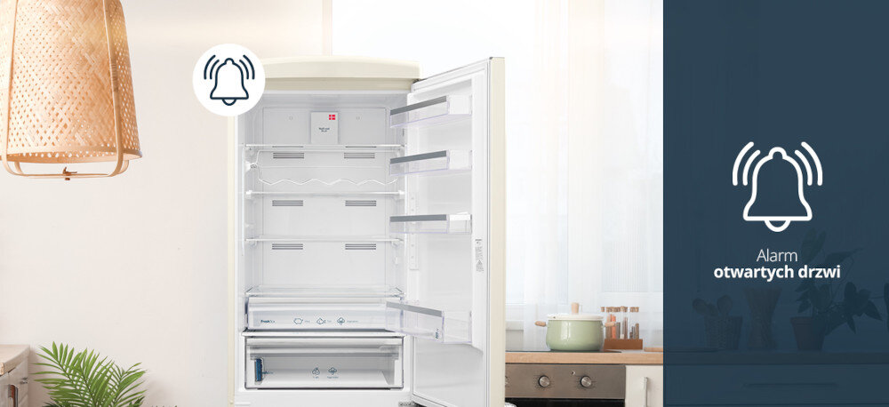 Lodówka VESTFROST VR-FB482-2ERBG No Frost 190.1cm Beżowy Na zdjęciu pokazano otwartą lodówkę w kuchni oraz ikonę i napis informujący o alarmie otwartych drzwi inteligentne sterowanie bezpieczeństwo elektroniczne sterowanie regulacja temperatury alarm otwartych drzwi energia komfort precyzja