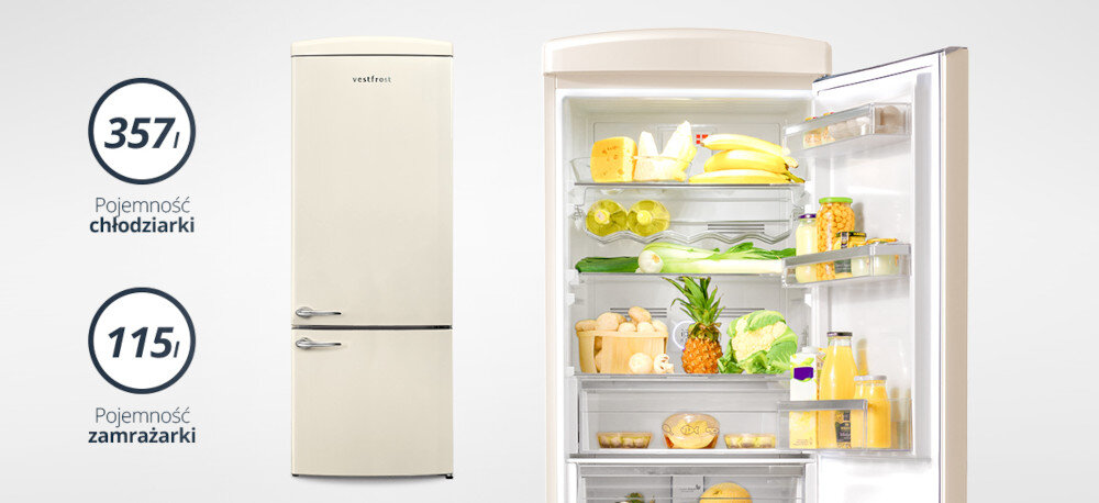 Lodówka VESTFROST VR-FB482-2ERBG No Frost 190.1cm Beżowy Na zdjęciu widać lodówkę Vestfrost oraz otwartą lodówkę z żywnością; pojemność chłodziarki to 357 litrów, a zamrażarki 115 litrów duża pojemność 472 litrów chłodziarka zamrażarka zapasy rodzina organizacja przestrzeń wygoda