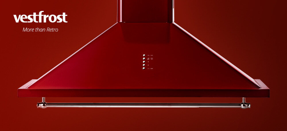 Okap VESTFROST VE-90RSABR bordowy wizualizacja model kolor bordowy front jasne tło chromowane detale wygląd styl usuwanie zapachów oparów