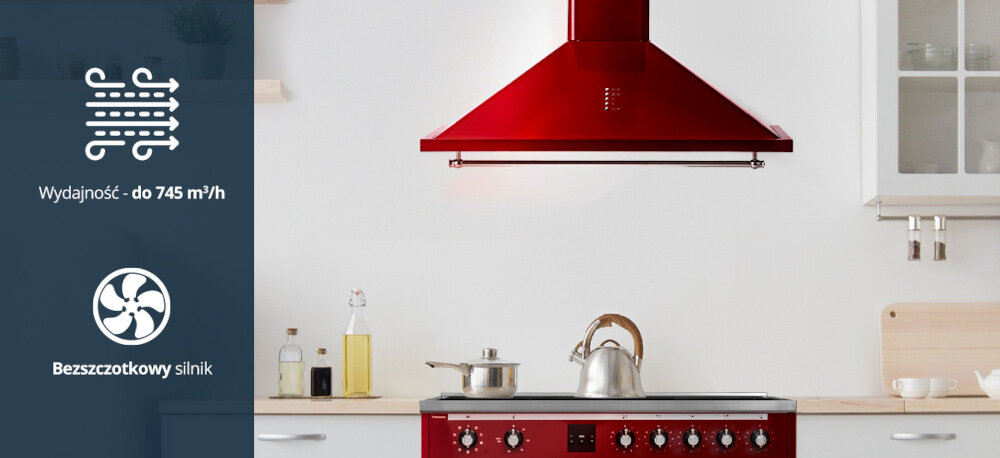 Okap VESTFROST VE-90RSABR bordowy wizualizacja ikona okap na ścianie dekoracje deski do krojenia roślina Wydajność do 745 m³/h wydajny bezszczotkowy silnik usuwanie zapachów tłuszczu pary wodnej