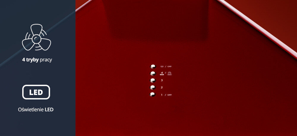 Okap VESTFROST VE-90RSABR bordowy wizualizacja przyciski zbliżenie ikony Funkcjonalność i łatwa obsługa sterowanie przyciski mechaniczne moc regulacja cztery poziomy tryb intensywny oświetlenie LED dwa punkty