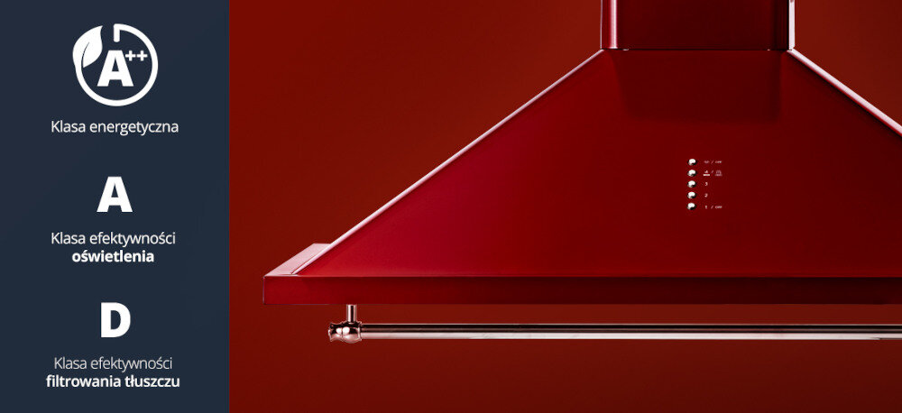 Okap VESTFROST VE-90RSABR bordowy wizualizacja ikony kuchnia okap widok od boku dekoracje kuchenne akcesoria Energooszczędność klasy A++ oszczędności ochrona środowiska