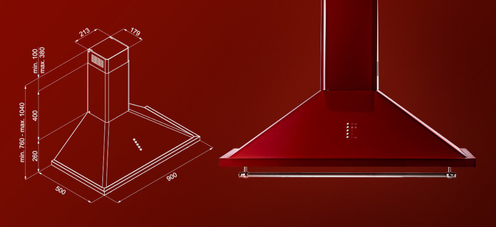 Okap VESTFROST VE-90RSABR bordowy wizualizacja zdjęcie techniczne szerokość głębokość wysokość regulowana wymiary Dopasowany do Twojej kuchni filtr węglowy aluminiowy usuwanie zapachów