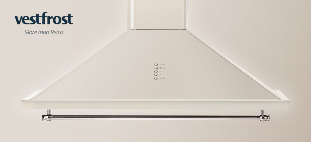 Okap VESTFROST VE-90RSABG Beżowy wizualizacja model kolor beżowy front jasne tło chromowane detale wygląd styl usuwanie zapachów oparów