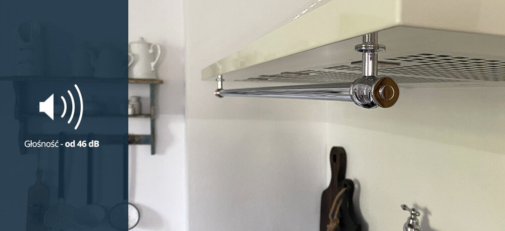 Okap VESTFROST VE-90RSABG Beżowy wizualizacja ikona Cicha praca 46 dB widok od boku chromowane dodatki