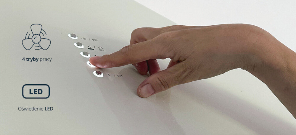 Okap VESTFROST VE-90RSABG Beżowy wizualizacja dłoń przyciski zbliżenie ikony Funkcjonalność i łatwa obsługa sterowanie przyciski mechaniczne moc regulacja trzy poziomy tryb intensywny oświetlenie LED dwa punkty