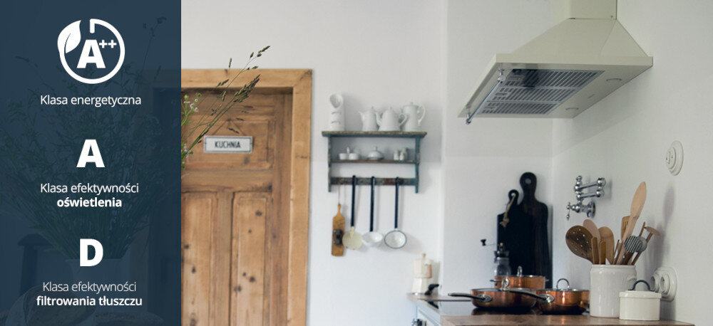 Okap VESTFROST VE-90RSABG Beżowy wizualizacja ikony kuchnia okap widok od boku dekoracje kuchenne akcesoria Energooszczędność klasy A++ oszczędności ochrona środowiska