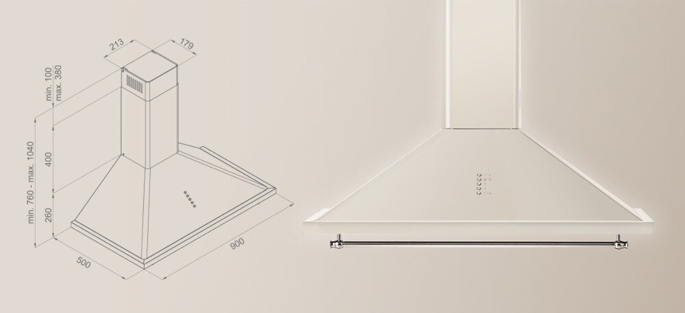 Okap VESTFROST VE-90RSABG Beżowy wizualizacja zdjęcie techniczne szerokość głębokość wysokość regulowana wymiary Dopasowany do Twojej kuchni filtr węglowy aluminiowy usuwanie zapachów