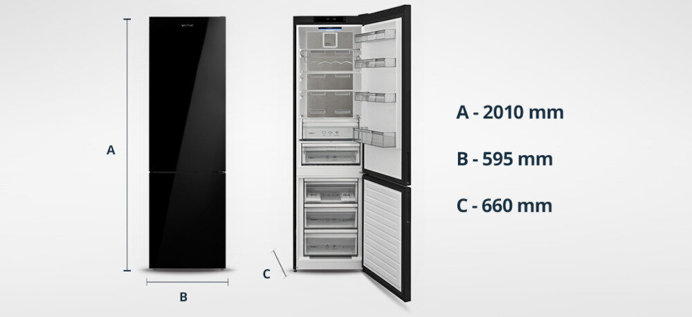 Lodówka VESTFROST VR-FB383-3H0B Na grafice przedstawiono czarną lodówkę Vestfrost w widoku zamkniętym oraz otwartym, z wyeksponowanym wnętrzem chłodziarki i zamrażarki. Po prawej stronie podano wymiary urządzenia: wysokość A – 2010 mm, szerokość B – 595 mm oraz głębokość C – 660 mm wymiary 201 cm 59,5 cm 66 cm szuflady zamrażarki półki drzwiowe LED tacka lód pojemnik jajka półka wino