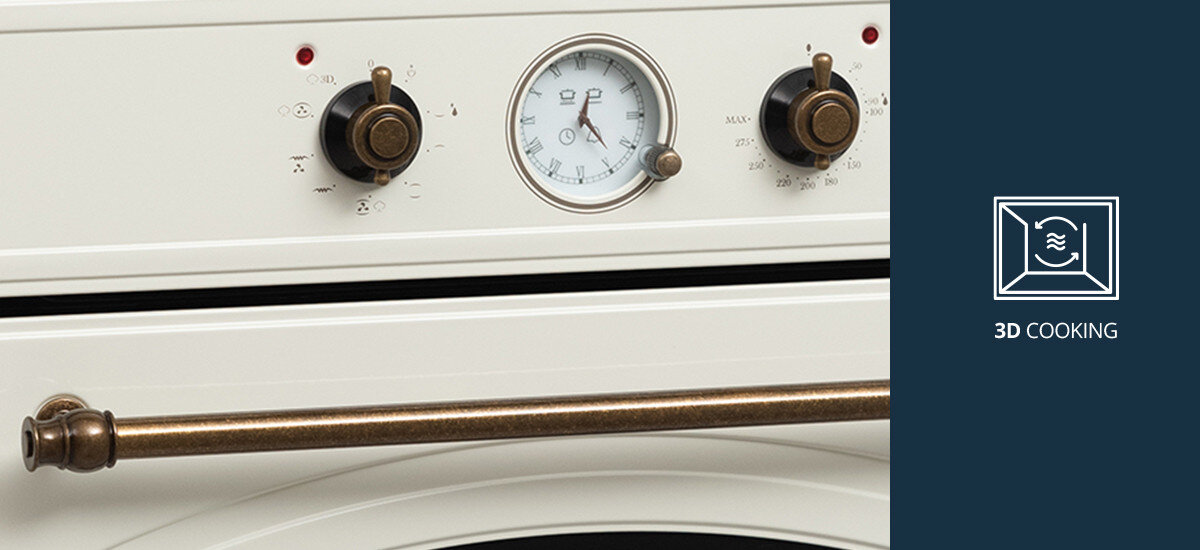 Piekarnik VESTFROST VO-65W19MAVMC Ukazuje stylowy panel sterowania piekarnika Vestfrost z analogowym zegarem i gałkami oraz podkreśleniem funkcji 3D Cooking pieczenie na kilku poziomach termoobieg