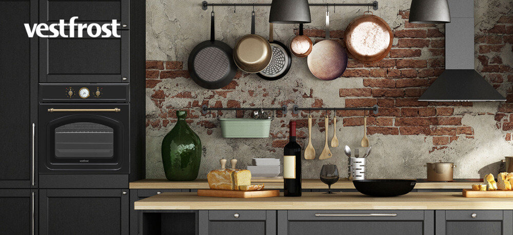 Piekarnik VESTFROST VO-65W19MAVMB Wizualizacja kuchni z zabudowanym piekarnikiem, pokazująca, jak urządzenie wkomponowuje się w przytulną aranżację wnętrza.