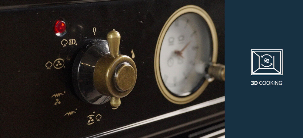 Piekarnik VESTFROST VO-65W19MAVMB Na zdjęciu znajduje się panel sterowania piekarnika z dużym, stylowym pokrętłem oraz analogowym zegarem. Po prawej stronie widnieje symbol i napis „3D COOKING”, informujący o funkcji równomiernego rozprowadzania ciepła podczas pieczenia 3d cooking równomierne pieczenie z obiegiem powietrza na kilku poziomach z cyrkulacją powietrza efekt pieczenia