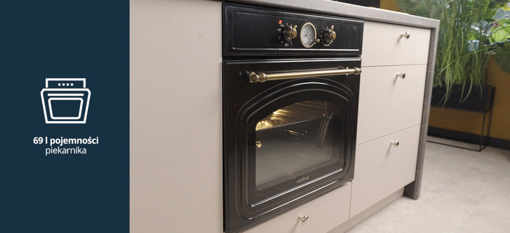 Piekarnik VESTFROST VO-65W19MAVMB Na zdjęciu znajduje się piekarnik Vestfrost w zabudowie meblowej, pod eleganckim blatem. Panel boczny informuje o pojemności urządzenia – 69 litrów, co pozwala na przygotowywanie dużych porcji jedzenia i wygodne użytkowanie na co dzień przemyślane wnętrze pojemność 69 l z oświetleniem led pojemny wygodne pieczenie kontrola pieczenia wnętrze