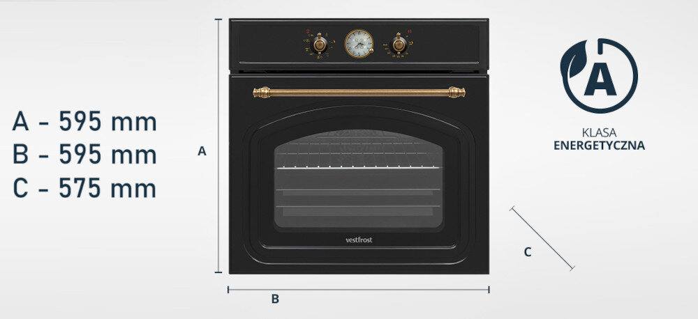 Piekarnik VESTFROST VO-65W19MAVMB Na zdjęciu widnieje piekarnik Vestfrost w czarnej obudowie, przedstawiony z przodu wraz z wymiarami: wysokość i szerokość po 595 mm, głębokość 545 mm. Obok znajduje się oznaczenie klasy energetycznej A, informujące o efektywności urządzenia i niskim zużyciu prądu