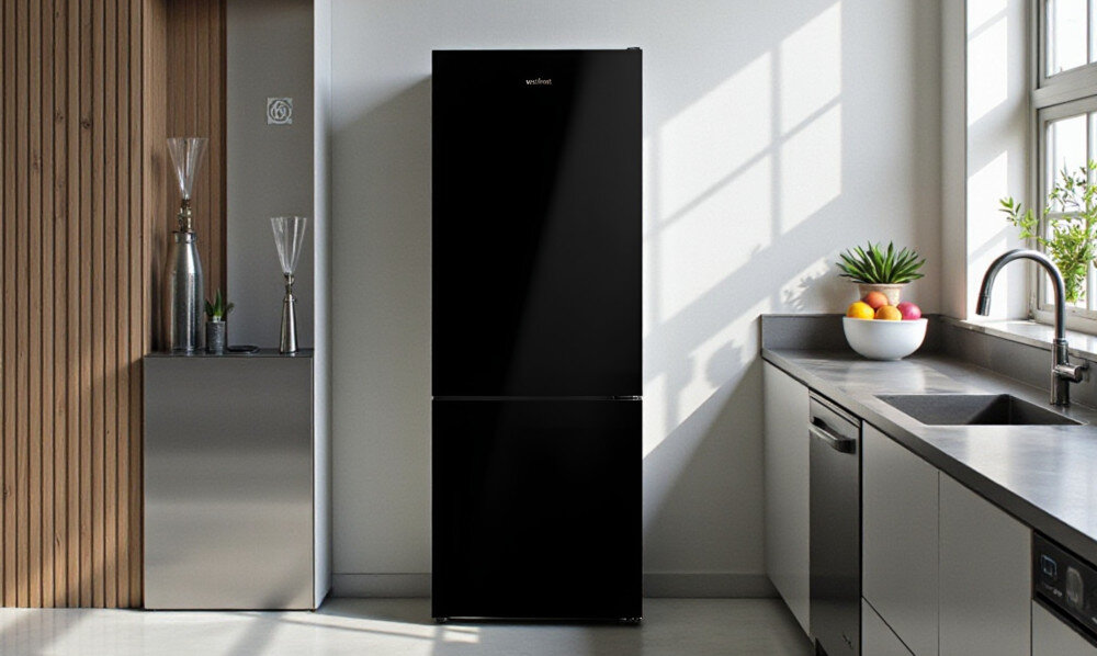 LODÓWKA VESTFROST VR-FB492-3H0B Na zdjęciu widoczna jest wysoka, czarna lodówka Vestfrost ustawiona między drewnianą zabudową a jasnym blatem kuchennym z wpuszczonym zlewem. Wnętrze jest jasne i nowoczesne, oświetlone naturalnym światłem z dużego okna, na blacie stoją dekoracyjne karafki oraz miska z owocami i doniczka z rośliną czarne szkło design wysoka jakość komfort użytkowania świeżość wydajność