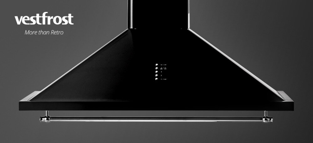 Okap VESTFROST VE-90RSABK czarny wizualizacja model kolor czarny front jasne tło chromowane detale wygląd styl usuwanie zapachów oparów