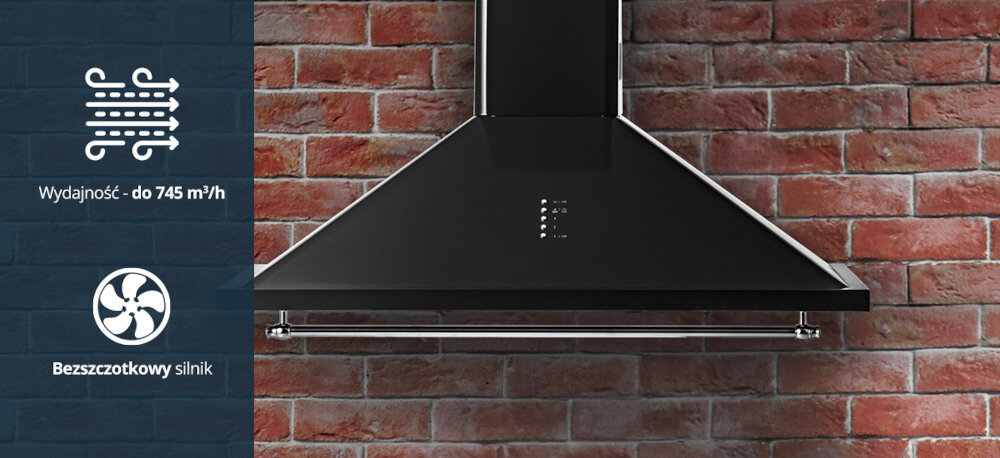 Okap VESTFROST VE-90RSABK czarny wizualizacja ikona okap na ścianie dekoracje deski do krojenia roślina Wydajność do 745 m³/h wydajny bezszczotkowy silnik usuwanie zapachów tłuszczu pary wodnej