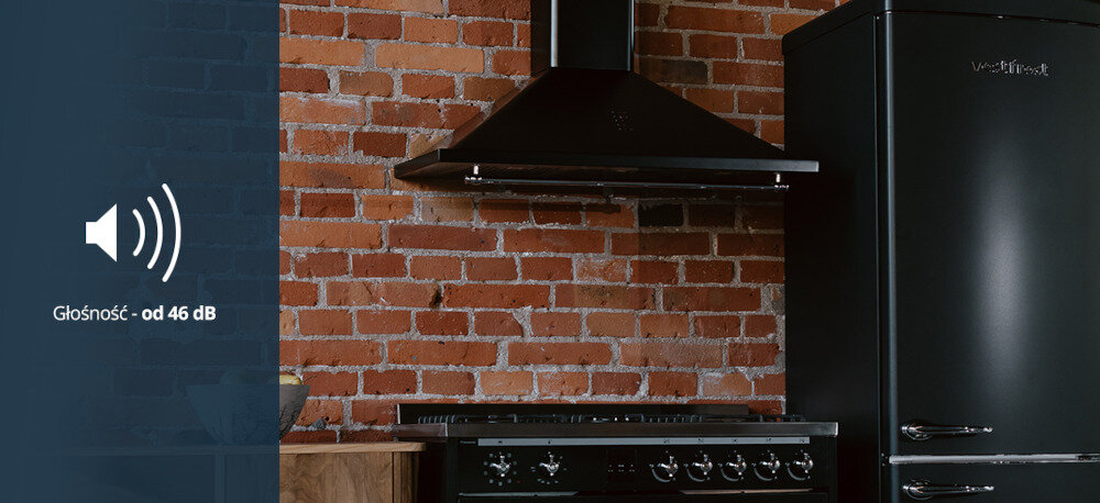 Okap VESTFROST VE-90RSABK czarny wizualizacja ikona Cicha praca 46 dB widok od boku chromowane dodatki