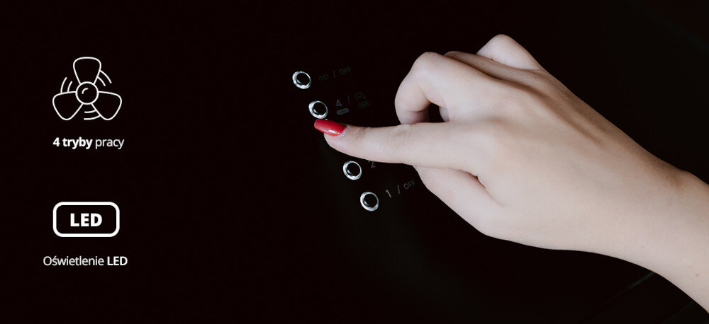 Okap VESTFROST VE-90RSABK czarny wizualizacja dłoń przyciski zbliżenie ikony Funkcjonalność i łatwa obsługa sterowanie przyciski mechaniczne moc regulacja trzy poziomy tryb intensywny oświetlenie LED dwa punkty