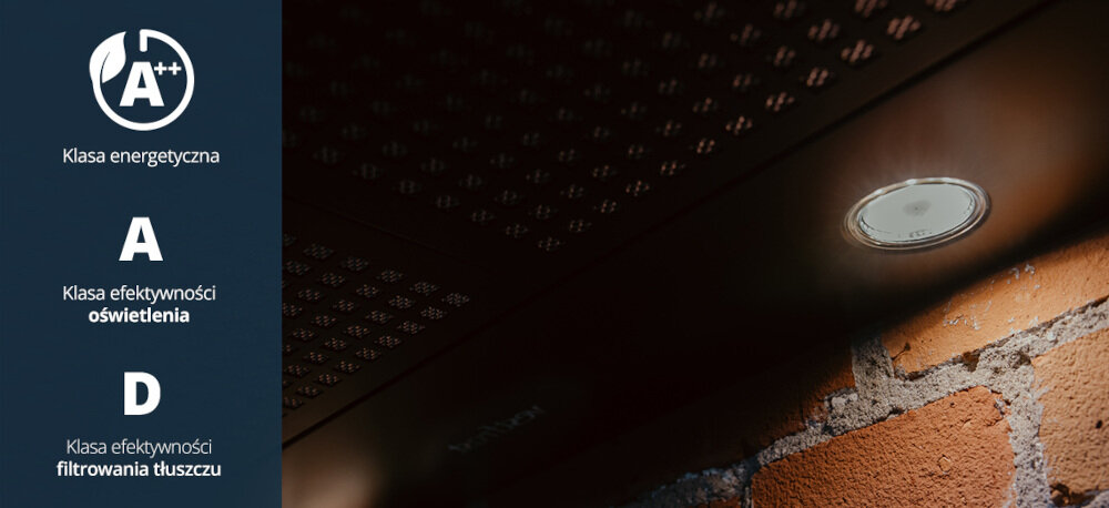 Okap VESTFROST VE-90RSABK czarny wizualizacja ikony kuchnia okap widok od boku dekoracje kuchenne akcesoria Energooszczędność klasy A++ oszczędności ochrona środowiska