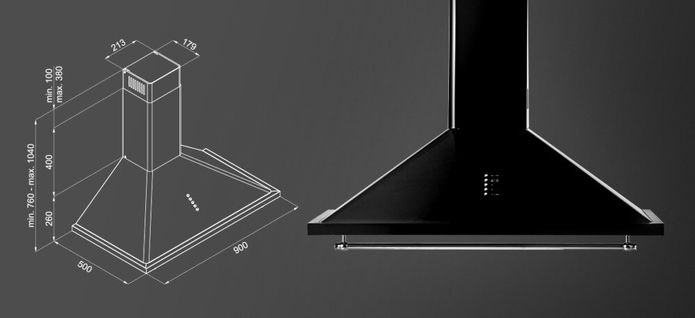 Okap VESTFROST VE-90RSABK czarny wizualizacja zdjęcie techniczne szerokość głębokość wysokość regulowana wymiary Dopasowany do Twojej kuchni filtr węglowy aluminiowy usuwanie zapachów