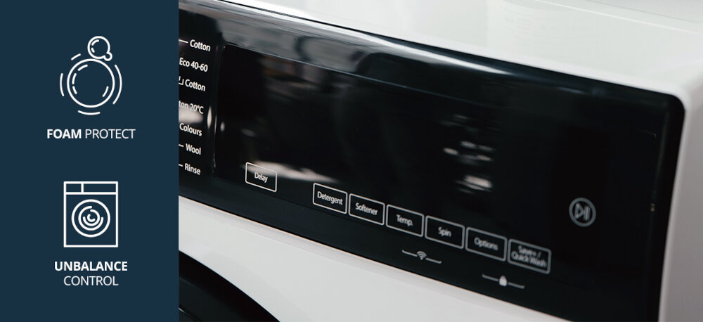 Pralka VESTFROST VW-FW4B1270EU Na zdjęciu pokazano panel sterujący pralki Vestfrost z czytelnym wyświetlaczem oraz programatorem, dzięki którym łatwo wybrać odpowiedni cykl prania. Po lewej stronie znajdują się grafiki informujące o dodatkowych funkcjach urządzenia: ochronie przed nadmiarem piany (Foam Protect) oraz systemie kontroli niewyważenia (Unbalance Control) dla bezpieczniejszego i wydajniejszego prania Foam Protect Unbalance Control kontrola piany stabilna praca cicha praca bezpieczeństwo prania