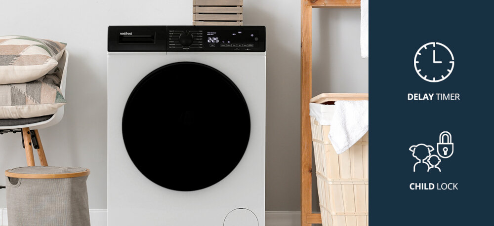 Pralka VESTFROST VW-FW4B1270EU Na zdjęciu widoczna jest pralka Vestfrost z otwartymi drzwiczkami, prezentująca wnętrze bębna oraz charakterystyczne przetłoczenia na bocznej ściance urządzenia. Po lewej stronie umieszczono grafiki informujące o cichym silniku inwerterowym i wzmocnionym korpusie typu Boomerang, które zapewniają trwałość i cichą pracę sprzętu Delay Timer opóźnienie startu Child Lock blokada panelu wygodne pranie harmonogram prania
