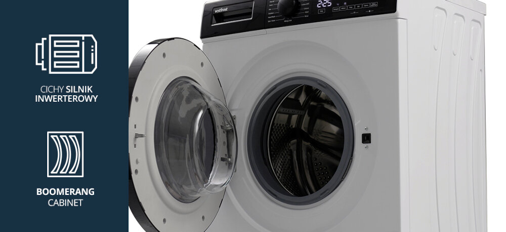 Pralka VESTFROST VW-FW4B1270EU Na zdjęciu widoczna jest pralka firmy Vestfrost z otwartymi drzwiczkami, która prezentuje bęben oraz boczne przetłoczenia urządzenia. Po lewej stronie umieszczono ikony informujące o cichym silniku inwerterowym oraz o wzmocnionej, wytrzymałej konstrukcji Boomerang Cabinet silnik inwerterowy Boomerang Cabinet cicha praca niskie wibracje energooszczędna pralka