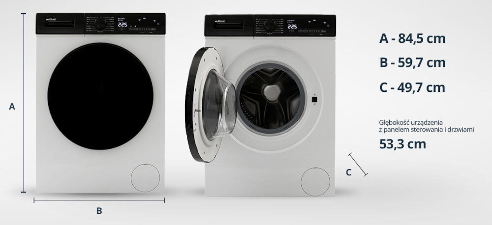 Pralka VESTFROST VW-FD4B1270EU Na zdjęciu przedstawiono dwa widoki pralki Vestfrost: z zamkniętymi i otwartymi drzwiczkami. Po prawej stronie są podane dokładne wymiary urządzenia – wysokość 84,5 cm, szerokość 59,7 cm, głębokość korpusu 58,2 cm, a głębokość całkowita z panelem i drzwiami 61,8 cm kompaktowa pralka głębokość 58,2 cm 61,8 cm szerokość 59,7 cm wysokość 84,5 cm bęben 7 kg mała łazienka oszczędność miejsca