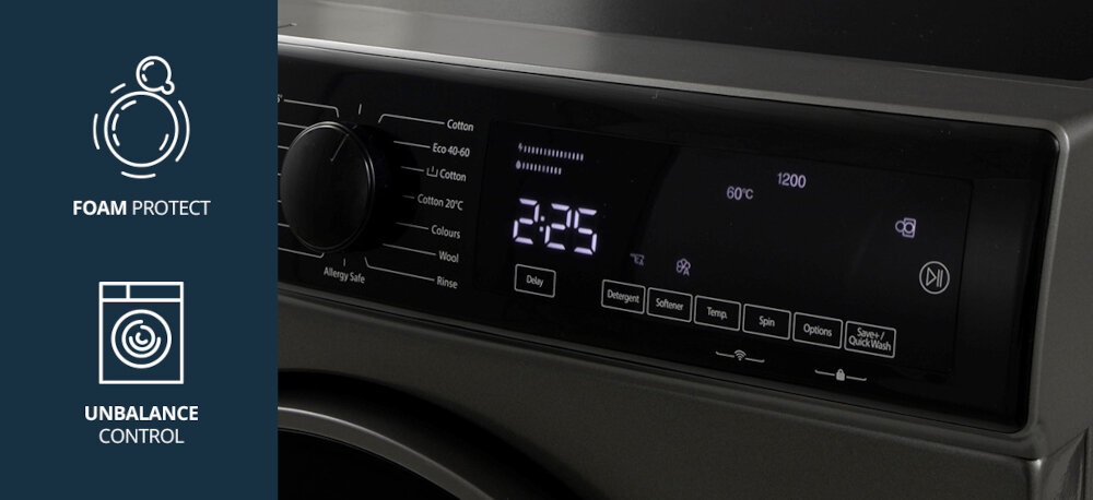 Pralka VESTFROST VW-FD4B1270EU Na zdjęciu pokazano panel sterujący pralki Vestfrost z czytelnym wyświetlaczem oraz programatorem, dzięki którym łatwo wybrać odpowiedni cykl prania. Po lewej stronie znajdują się grafiki informujące o dodatkowych funkcjach urządzenia: ochronie przed nadmiarem piany (Foam Protect) oraz systemie kontroli niewyważenia (Unbalance Control) dla bezpieczniejszego i wydajniejszego prania Foam Protect Unbalance Control kontrola piany stabilna praca cicha praca bezpieczeństwo prania